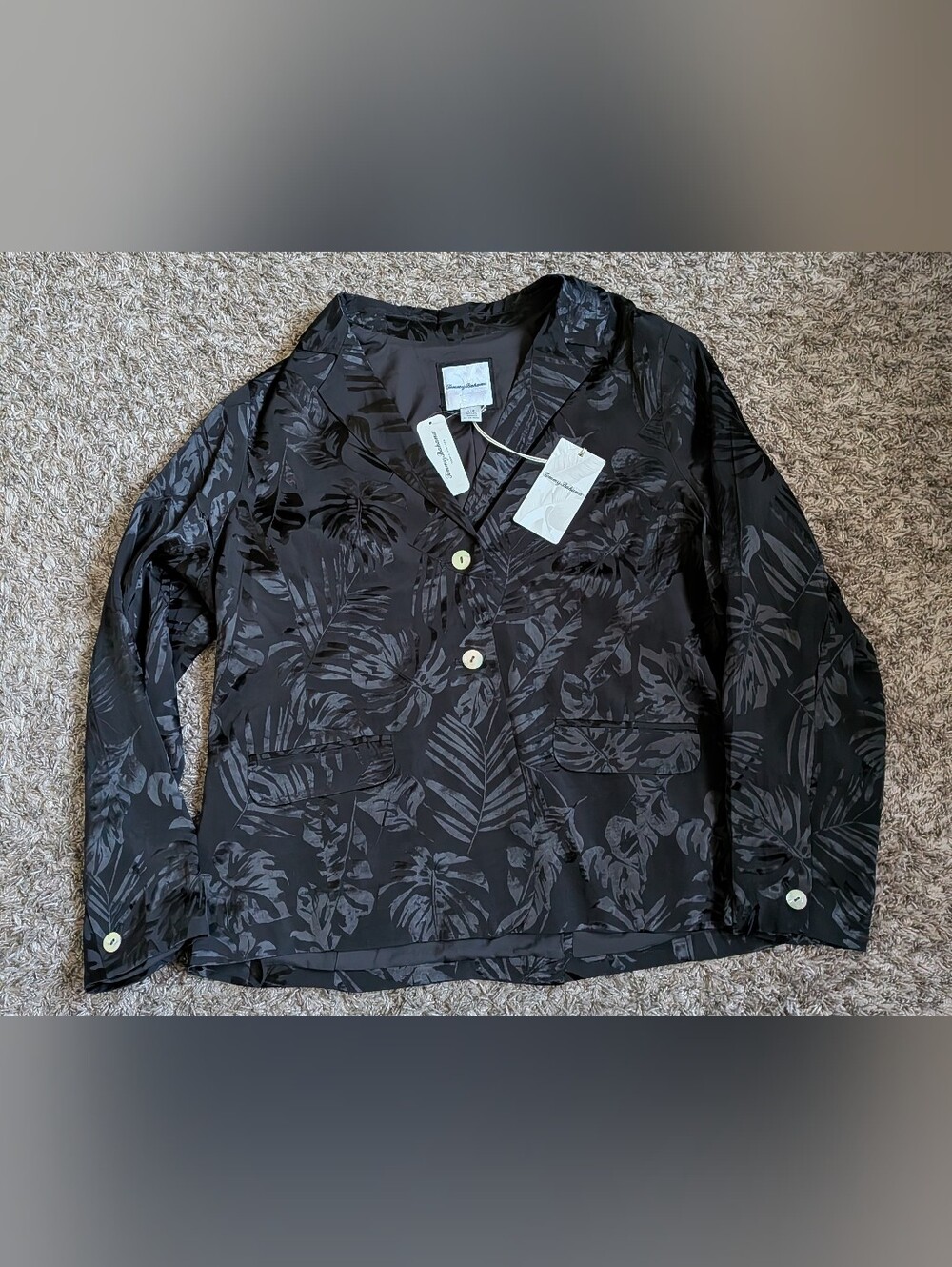 NWT Tommy Bahama Black Satin 2-Button Tropical Leaf Jacquard Blazer Women's L